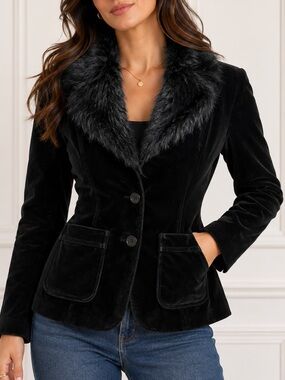 Vintage Esprit De Corp Faux Fur Collar Black Velvet Blazer – Size 5/6 (Small)